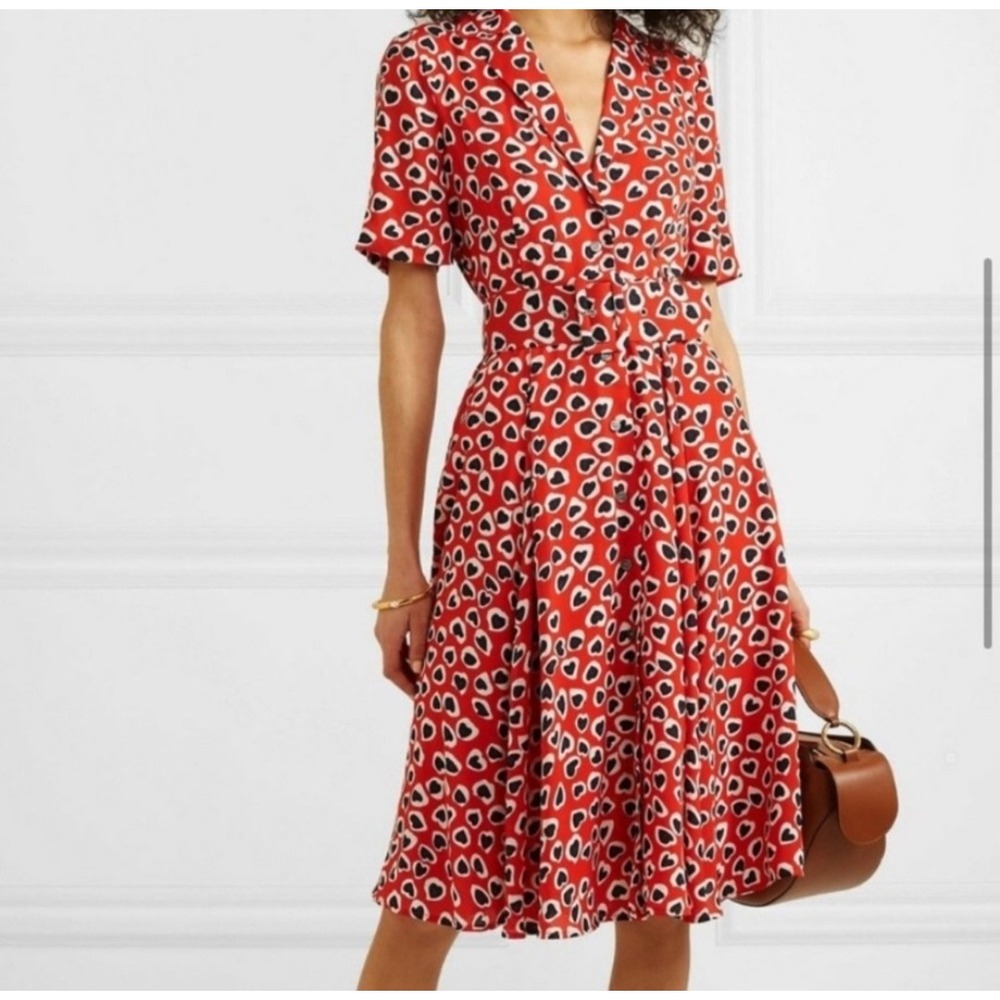 J. Crew Rudbeckia Shirt Dress Red Heart Print Belted Midi Dress‎ Size 2